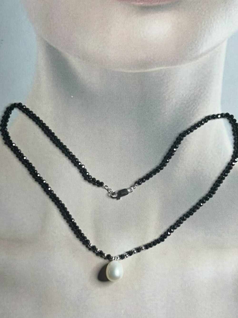 Natural Black Faceted Spinel Beads and Freshwater Teardrop Pearl Necklace.